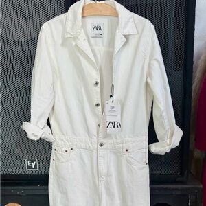 Zara White Denim Jumpsuit